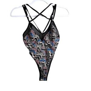 Victoria Secret Strappy Body Suit Women's S Black Multi Lightweight Geometric